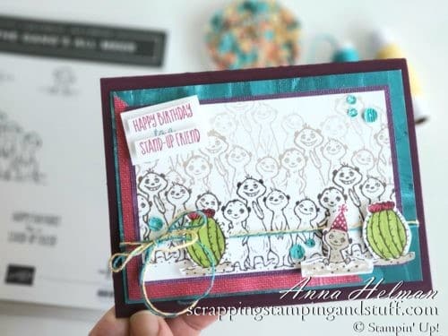 Win free stamping supplies during Giveaway Week! Enter to win the Stampin Up The Gang's All Meer stamp set! Adorable meerkat birthday card idea.