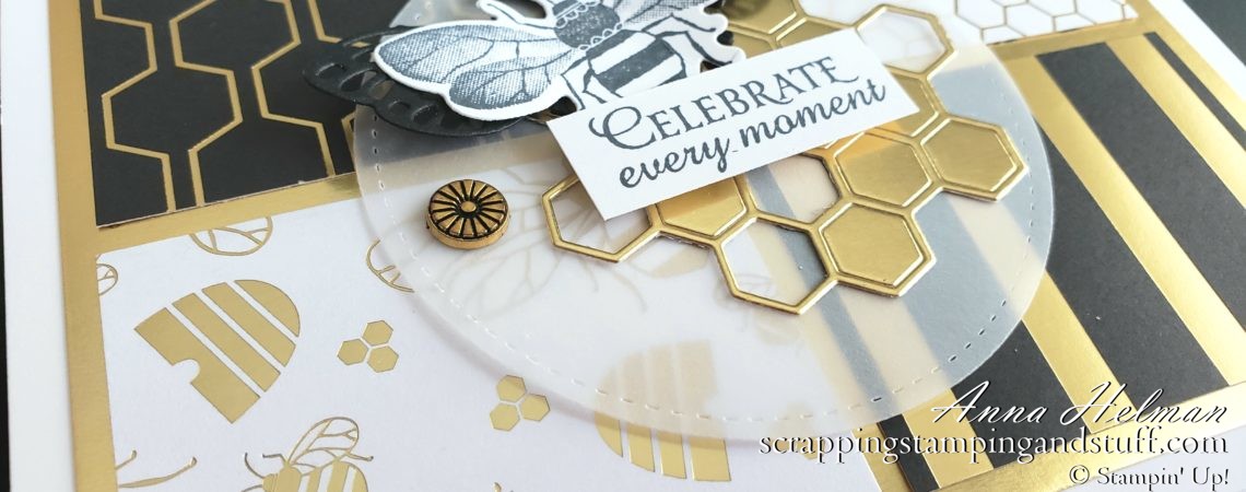 Win free stamping supplies during Giveaway Week! Enter to win the Stampin Up Golden Honey Designer Series Paper! Adorable bee and honeycomb card idea.