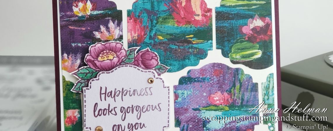 Sale-a-bration Second Release - Stampin' Up! Tags In Bloom stamp set and card idea using Lily Impressions designer paper. Get these items free with qualifying order!