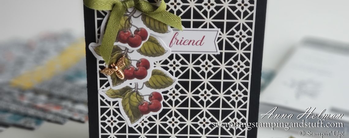 Such a pretty and simple card made with the Stampin Up Botanical Prints Product Medley. Cherry card idea with bee embellishments!