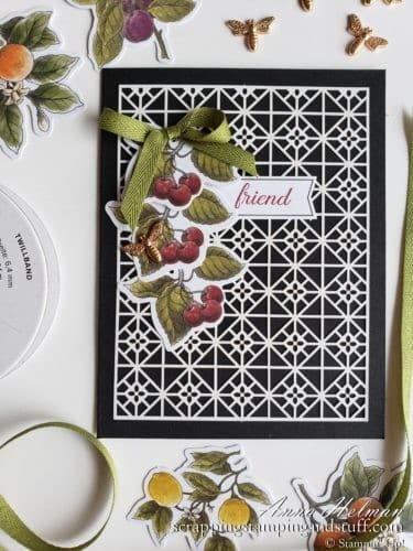 Such a pretty and simple card made with the Stampin Up Botanical Prints Product Medley. Cherry card idea with bee embellishments!