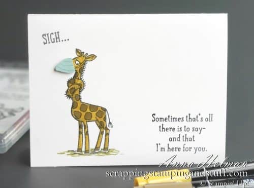 Need a coronavirus card idea? Here's a cute one made with the Stampin Up Back On Your Feet stamp set. Giraffe with a face mask! Quarantine thinking of you card idea.