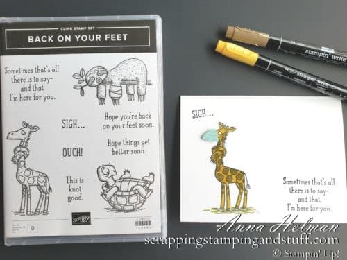 Need a coronavirus card idea? Here's a cute one made with the Stampin Up Back On Your Feet stamp set. Giraffe with a face mask! Quarantine thinking of you card idea.