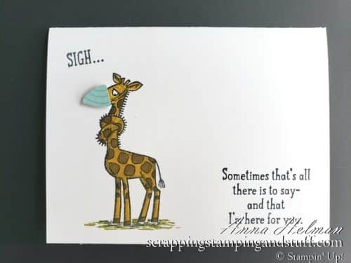 Need a coronavirus card idea? Here's a cute one made with the Stampin Up Back On Your Feet stamp set. Giraffe with a face mask! Quarantine thinking of you card idea.