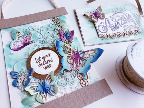 Beautiful handmade stamped wall art, wall hanging made using the Stampin Up Butterfly Beauty die set. Butterfly gift idea, handmade gift idea, watercoloring, technique