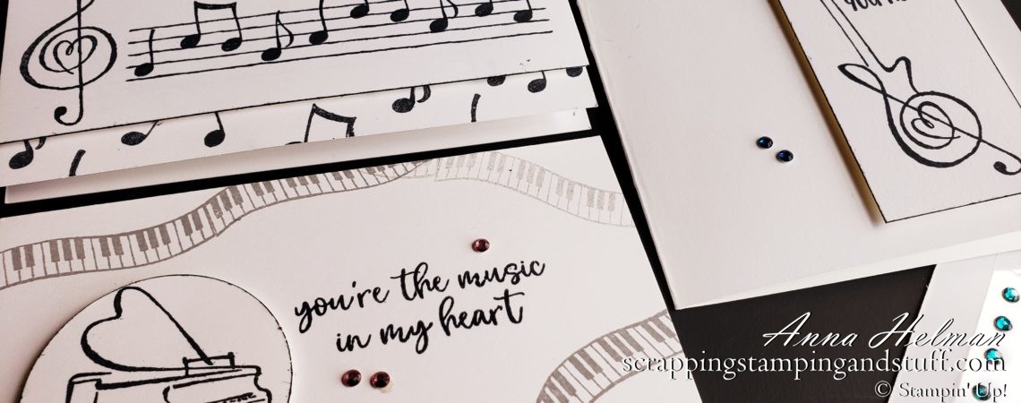 Clean and simple music card ideas using the Stampin' Up! Music From The Heart stamp set. Black and white cards with piano, guitar, and music notes.