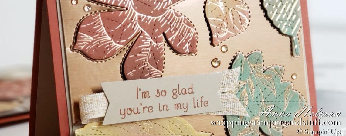 Today I'm sharing an absolutely beautiful fall card idea using the Stampin Up Love of Leaves stamp set and Stitched Leaves dies, a gorgeous card design using foils and specialty papers.