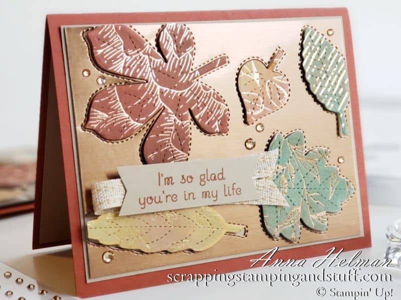 Today I'm sharing an absolutely beautiful fall card idea using the Stampin Up Love of Leaves stamp set and Stitched Leaves dies, a gorgeous card design using foils and specialty papers.