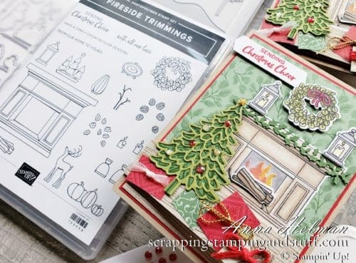 Take a look at this beautiful fun fold Christmas card idea using the Stampin Up Fireside Trimmings stamp set and Fireside dies.