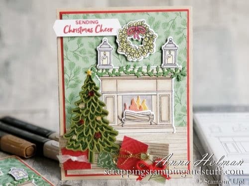 Take a look at this beautiful fun fold Christmas card idea using the Stampin Up Fireside Trimmings stamp set and Fireside dies.