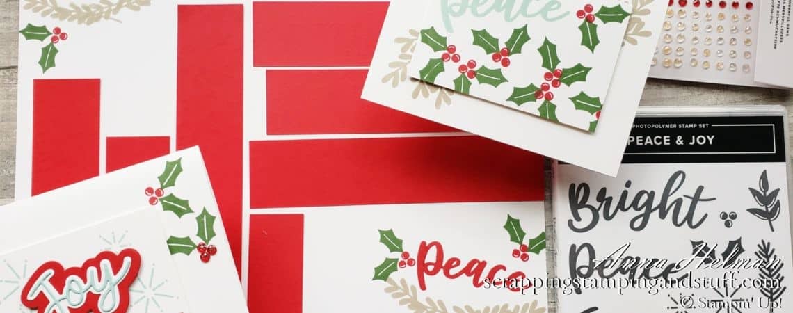 Take a look at these simple cards and scrapbook page using the Stampin Up Peace & Joy Bundle in the 2020 August-December Mini Catalog.