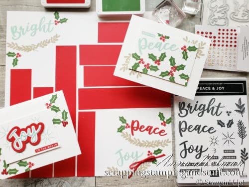 Take a look at these simple cards and scrapbook page using the Stampin Up Peace & Joy Bundle in the 2020 August-December Mini Catalog.