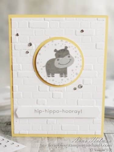 An adorable hippo baby card using the Stampin Up Hippo Happiness stamp set and Brick and Mortar embossing folder.