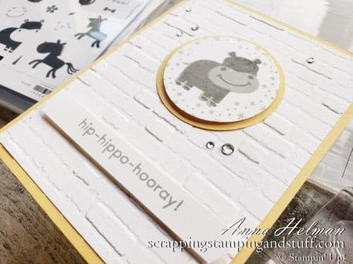 An adorable hippo baby card using the Stampin Up Hippo Happiness stamp set and Brick and Mortar embossing folder.