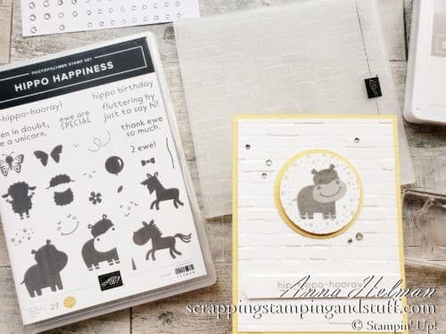 An adorable hippo baby card using the Stampin Up Hippo Happiness stamp set and Brick and Mortar embossing folder.