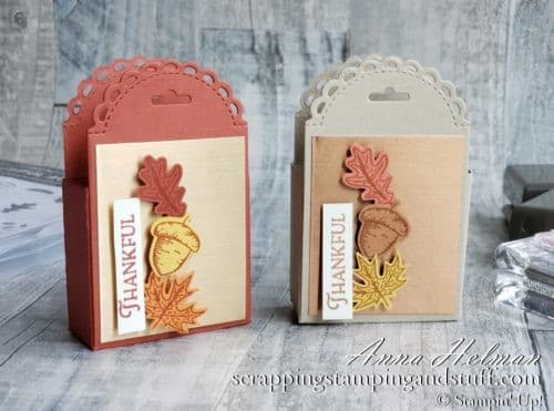 Create quick treat holders using the Stampin Up Little Treat Box Dies in the 2020 Holiday Catalog.