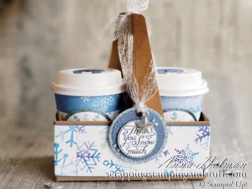 Decorated Stampin Up Coffee Cups are perfect to hold treats, gift cards, K-cups, or hot chocolate pouches. The perfect DIY gift!