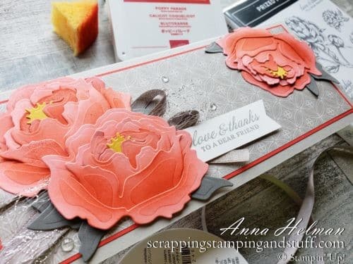 See how to sponge the Stampin Up peony as well as a beautiful slimline card made with the Stampin Up Prized Peony bundle in the 2020 Annual Catalog.