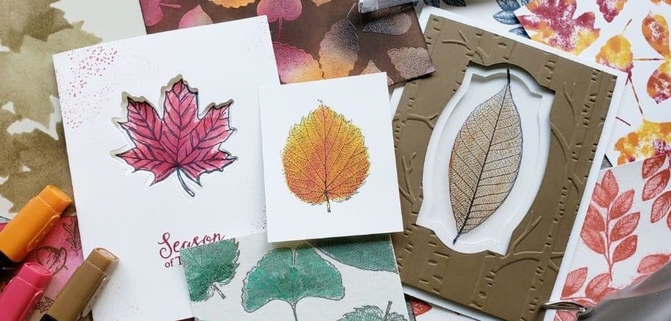 These 10 stamping techniques to use with leaves are perfect for beautiful fall cards. Stained glass, sponging, spritzing, blends markers, a keyhole card, and more. Try them today!