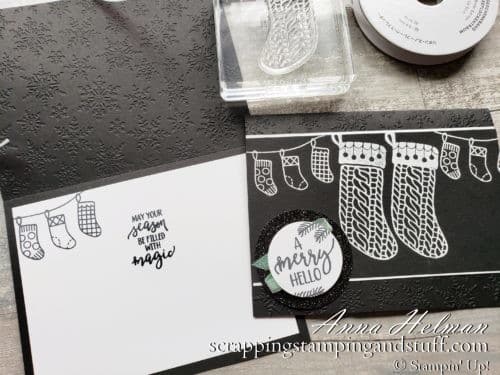 Take a look at this sweet black and white stocking Christmas card featuring the Stampin Up A Merry Hello hostess stamp set. Get this set free with any $150+ order!