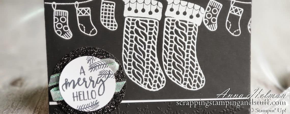 Take a look at this sweet black and white stocking Christmas card featuring the Stampin Up A Merry Hello hostess stamp set. Get this set free with any $150+ order!