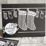 Take a look at this sweet black and white stocking Christmas card featuring the Stampin Up A Merry Hello hostess stamp set. Get this set free with any $150+ order!