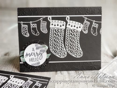 Take a look at this sweet black and white stocking Christmas card featuring the Stampin Up A Merry Hello hostess stamp set. Get this set free with any $150+ order!