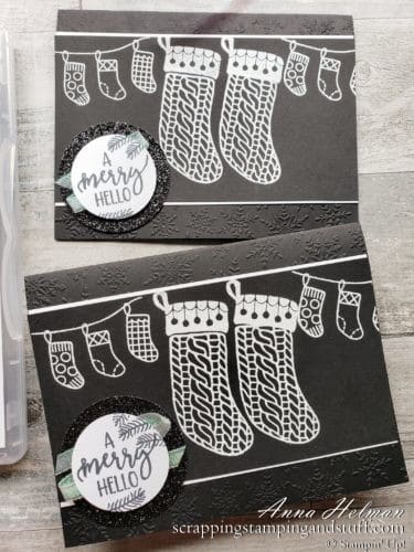 Take a look at this sweet black and white stocking Christmas card featuring the Stampin Up A Merry Hello hostess stamp set. Get this set free with any $150+ order!