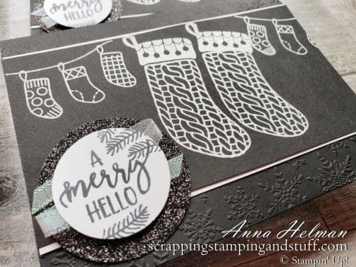 Take a look at this sweet black and white stocking Christmas card featuring the Stampin Up A Merry Hello hostess stamp set. Get this set free with any $150+ order!