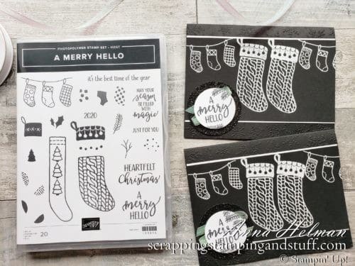 Take a look at this sweet black and white stocking Christmas card featuring the Stampin Up A Merry Hello hostess stamp set. Get this set free with any $150+ order!