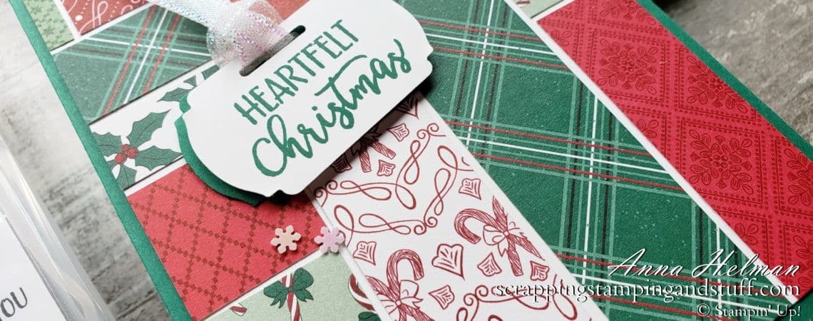 Use some of those paper scraps in your collection with this simple Christmas card design using the Stampin Up A Merry Hello stamp set!