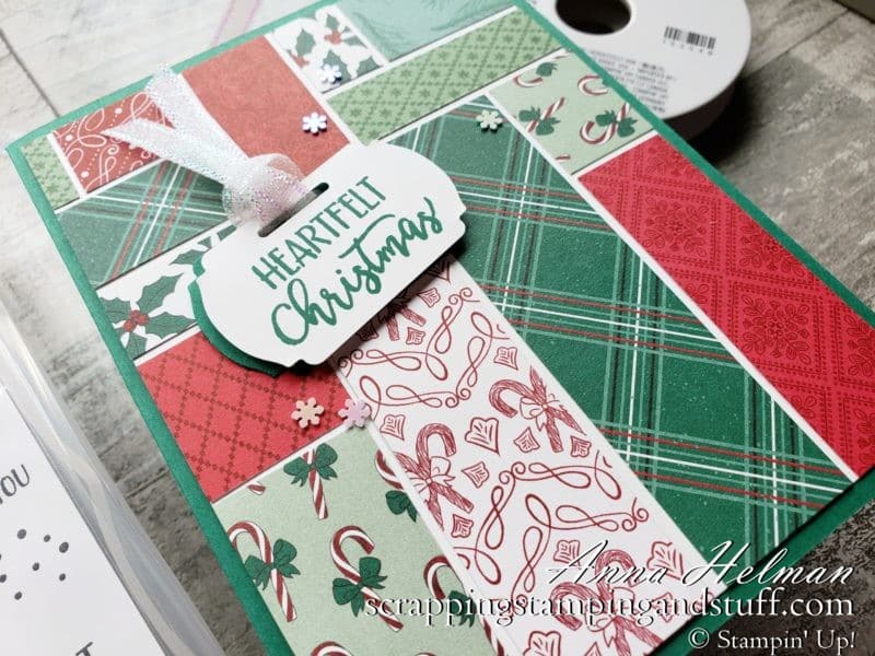 Use some of those paper scraps in your collection with this simple Christmas card design using the Stampin Up A Merry Hello stamp set!