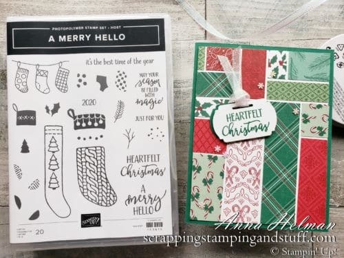 Use some of those paper scraps in your collection with this simple Christmas card design using the Stampin Up A Merry Hello stamp set!