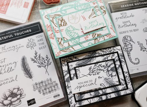 The triple stamping technique is perfect for making beautiful cards with any stamp set! These feature the Stampin Up Tasteful Touches and Seaside Notions stamp sets.