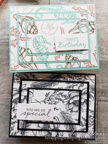 The triple stamping technique is perfect for making beautiful cards with any stamp set! These feature the Stampin Up Tasteful Touches and Seaside Notions stamp sets.