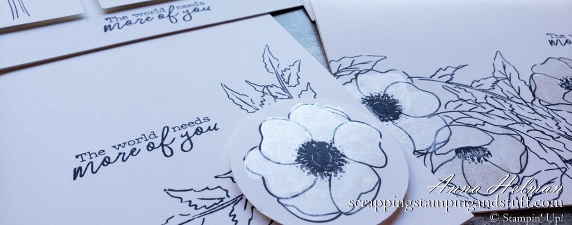 Make these gorgeous black and white card designs using just white cardstock, black ink, and the Stampin Up Peaceful Poppies stamp set! #simplestamping