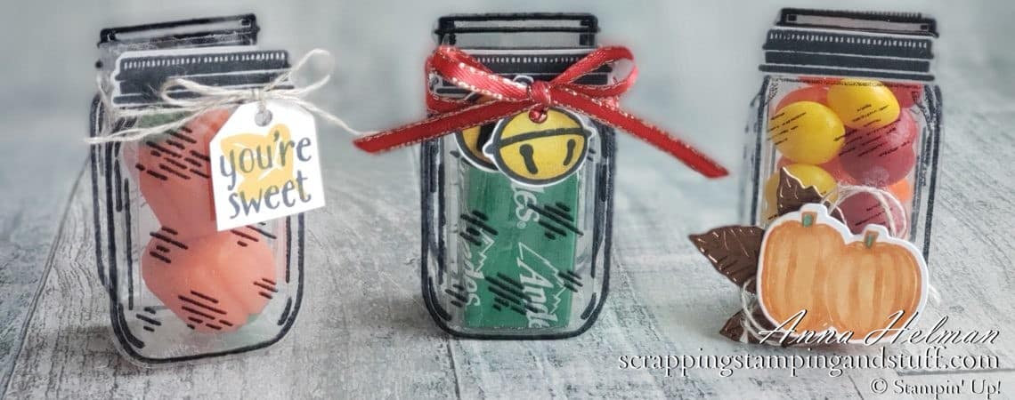 These adorable jar treat holders are perfect party favors, holiday table decorations, birthday treats, or wedding favors. Make them yourself with the Stampin Up Jar Punch and Jar of Flowers stamp set!