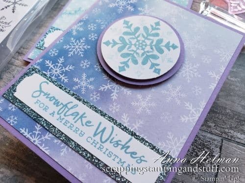 This beautiful snowflake card idea, made with Stampin Up Snowflake Splendor designer series paper, comes together in minutes!