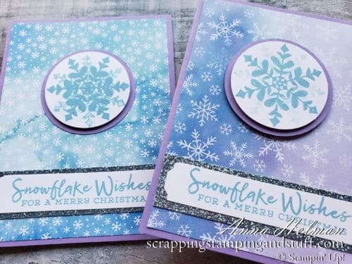 This beautiful snowflake card idea, made with Stampin Up Snowflake Splendor designer series paper, comes together in minutes!