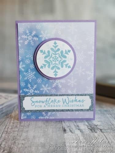 This beautiful snowflake card idea, made with Stampin Up Snowflake Splendor designer series paper, comes together in minutes!