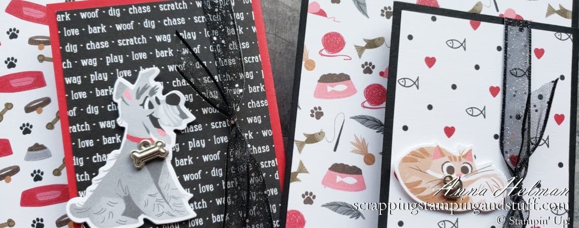 Make these cute cat and dog fun fold cards using the Stampin Up Playful Pets product suite in the 2020 Annual Catalog.