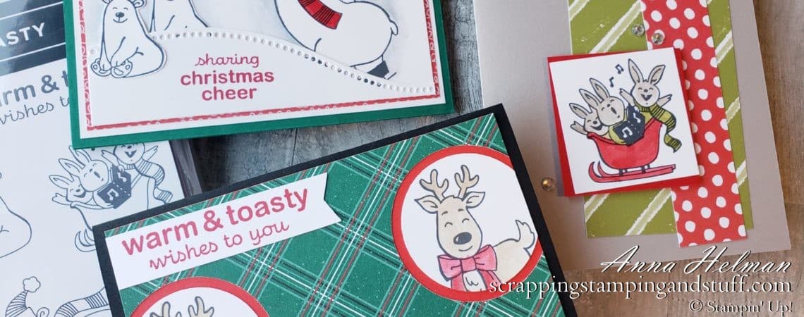 Three adorable card ideas made with the Stampin Up Warm & Toasty stamp set, featuring cute polar bears, reindeer, mice, and bunnies!