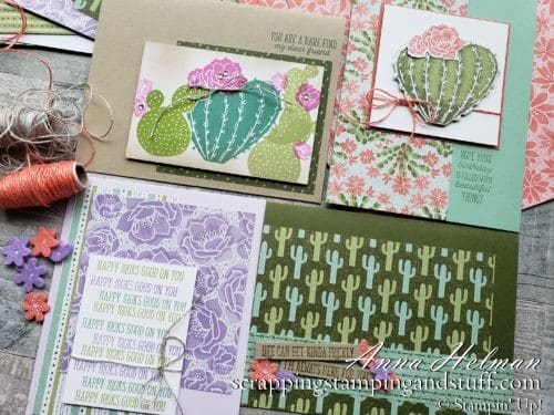 Stampin Up Flowering Cactus is a product medley including cactus stamps, dies, paper and embellishments for amazingly adorable cactus cards.