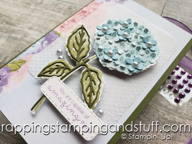 The Stampin Up Hydrangea Haven stamp set and dies make absolutely gorgeous floral cards and other paper projects.