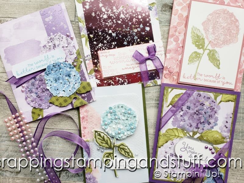 The Stampin Up Hydrangea Haven stamp set and dies make absolutely gorgeous floral cards and other paper projects.