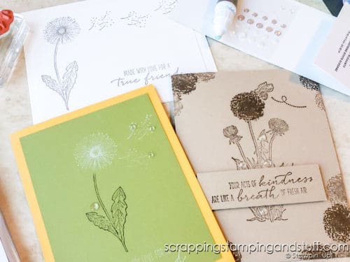 The Stampin Up Garden Wishes set includes dandelion images and pretty greetings for lovely and simple cards.