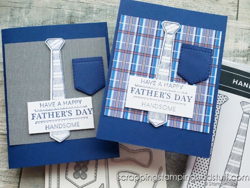 The Stampin Up Handsomely Suited stamp set and dies make adorable men's shirt, suit, and uniform cards!