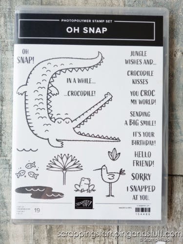 The Stampin Up Oh Snap stamp set makes for adorable crocodile cards and cute pun-filled sayings! 