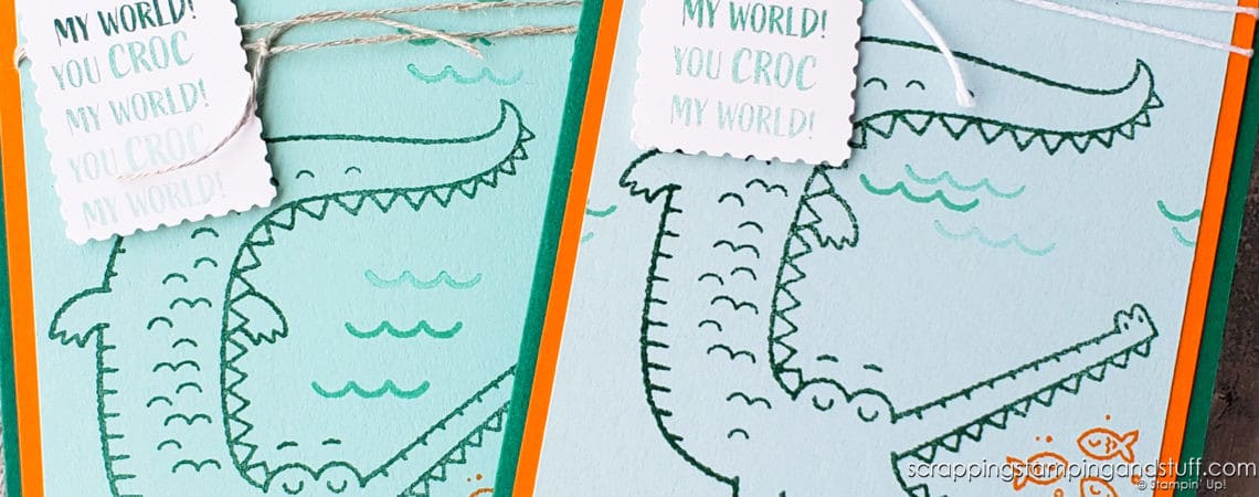 The Stampin Up Oh Snap stamp set makes for adorable crocodile cards and cute pun-filled sayings! Check out this snappy card!