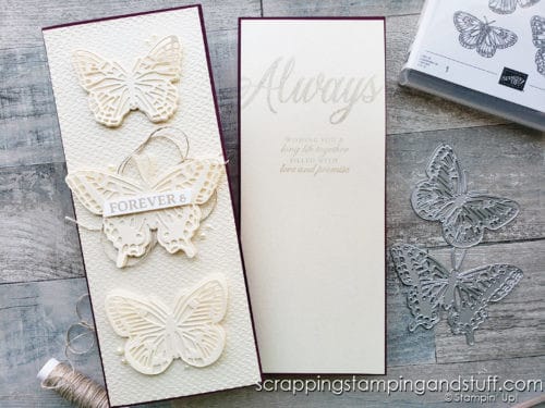 Take a look at this slimline butterfly card and learn how to emboss a slimline card with a smaller embossing folder!